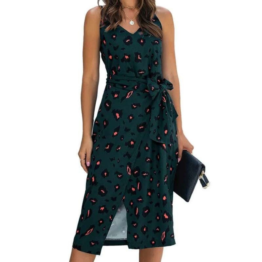 Women's Blue Leopard Print Summer Wrap Midi Dress‎ Size L 100% Cotton Strappy